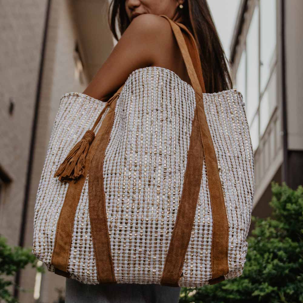 CREAM AND METALLIC GOLD FOIL TOTE BAG WITH LEATHER STRAPS