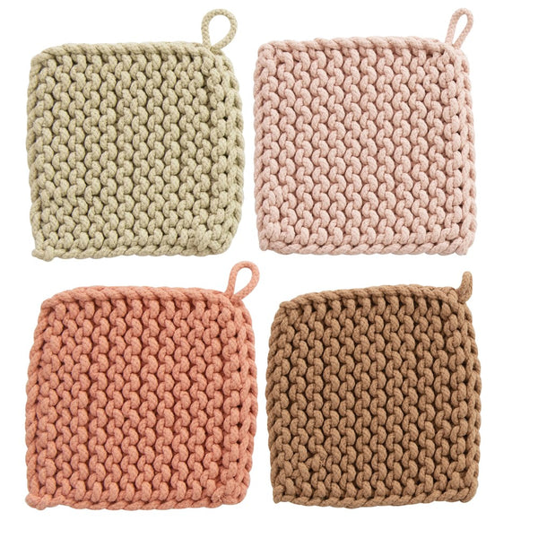 8" Square Cotton Crocheted Potholder, 4 Colors