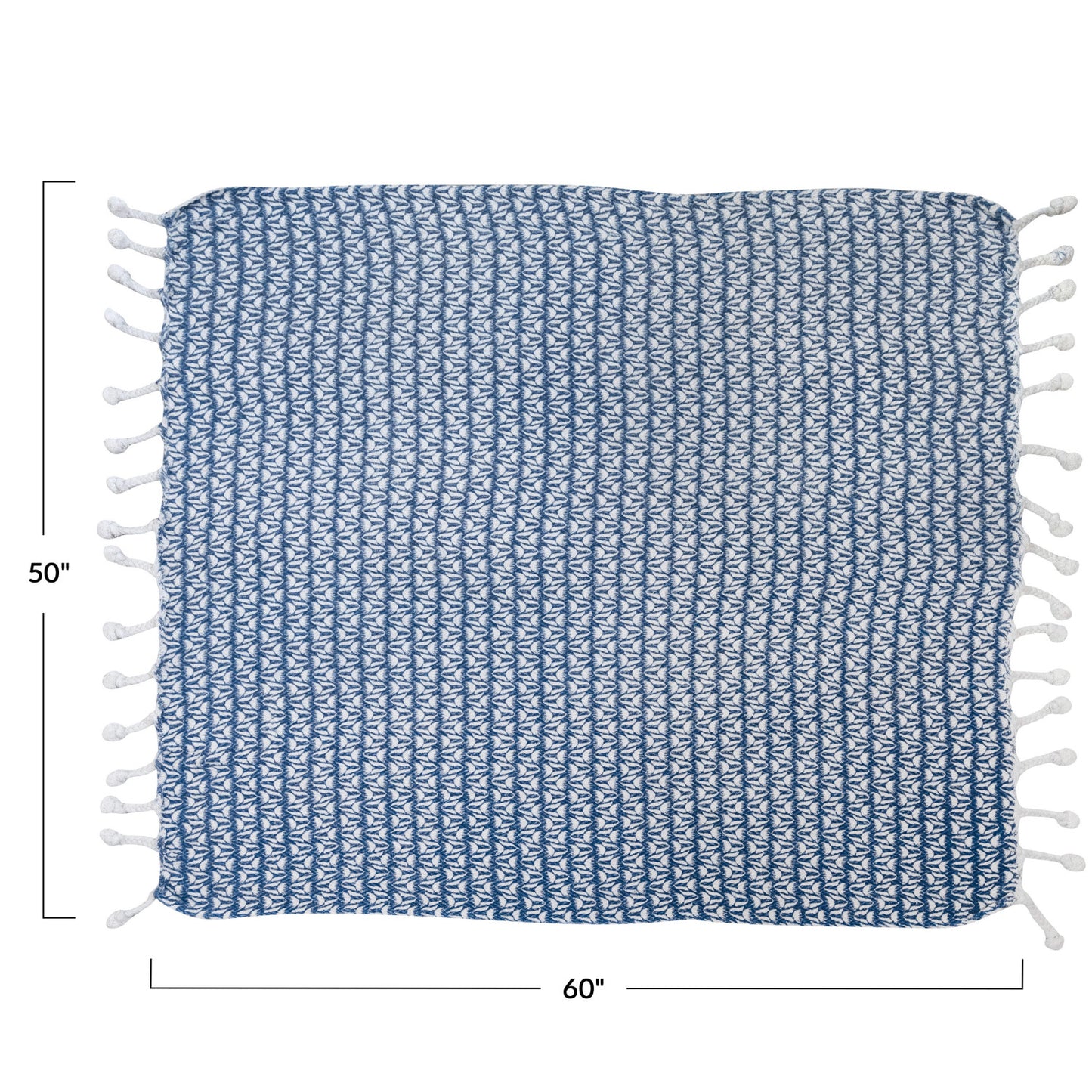Blue & White Printed Throw With Pom Poms