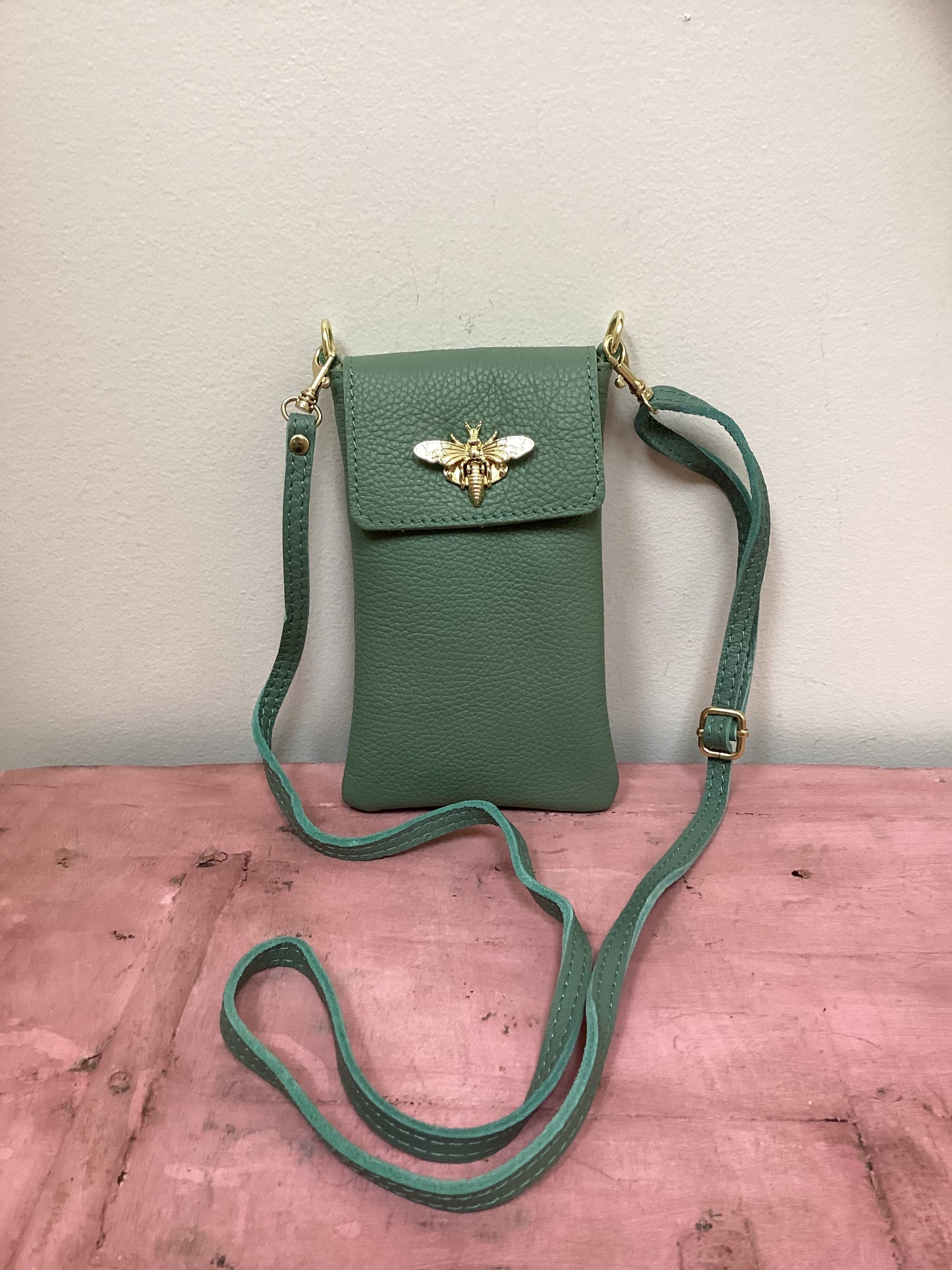 Genuine Leather Cellphone Crossbody w/Bee