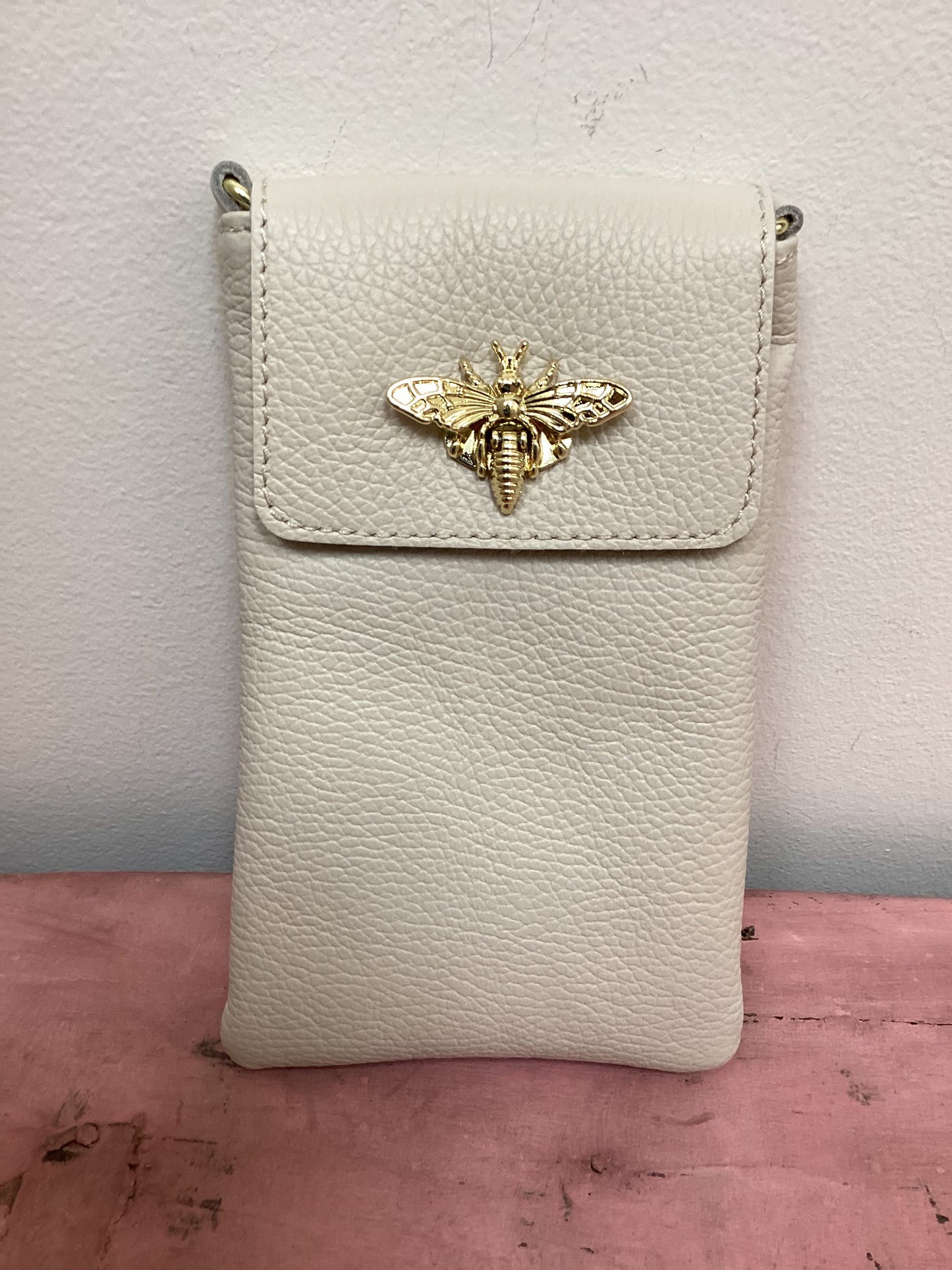 Genuine Leather Cellphone Crossbody w/Bee