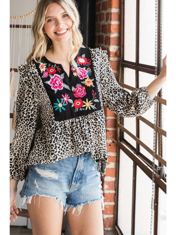 Leopard print top with floral embroidered yoke