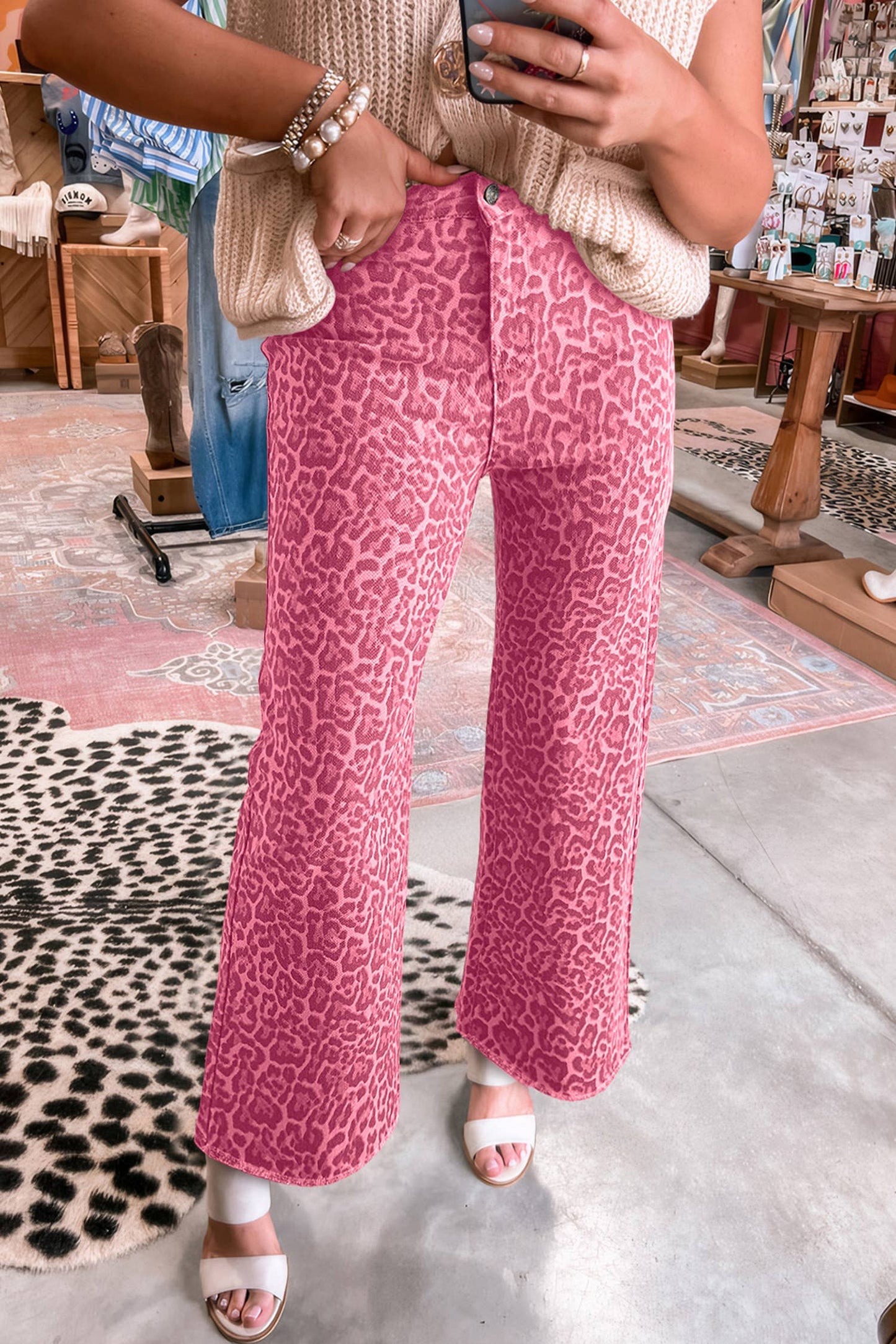 Leopard Frayed Edge Wide Leg High Waist Jeans