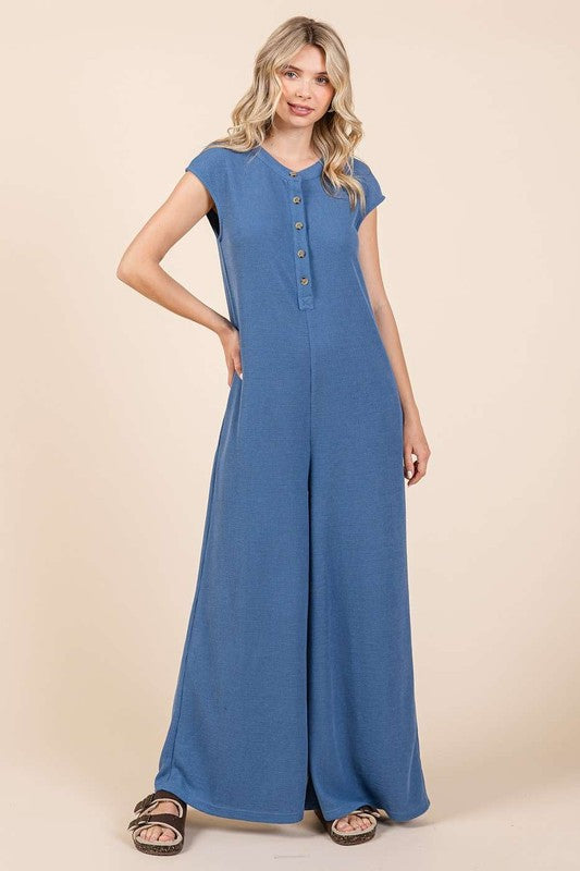 Waffle Knit Short Sleeve Wide Leg Jumpsuit