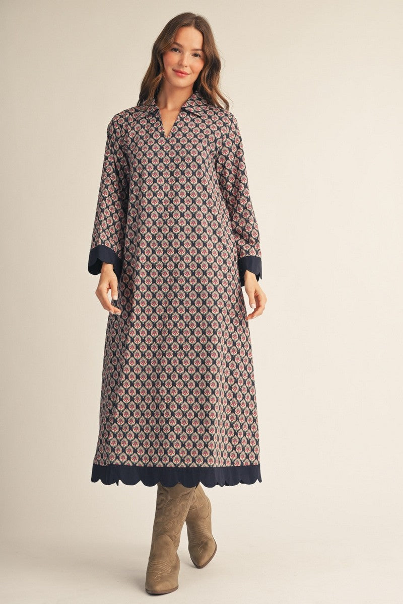 Scallop Edge Floral Midi Dress