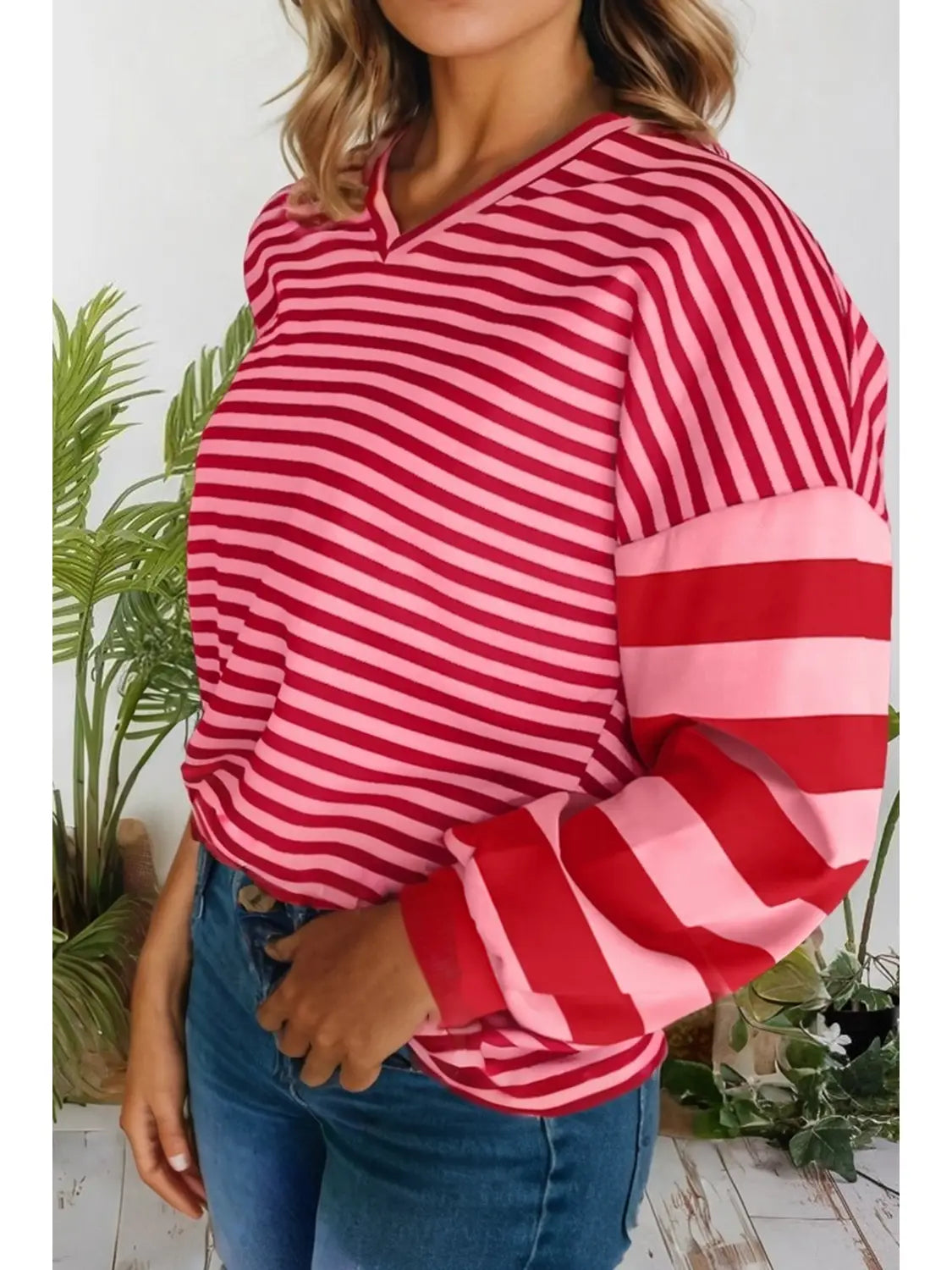 Striped Drop Shoulder Patchwork V Neck Pullover