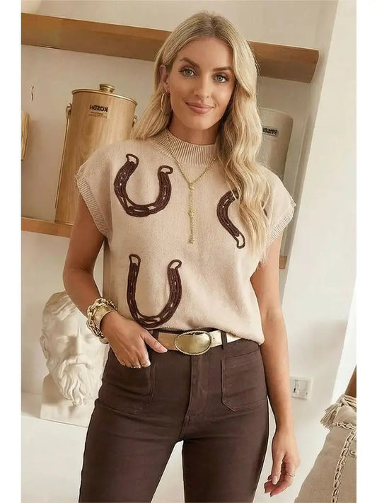 Cowgirl Horseshoe Mock Neck Knit Top