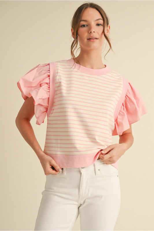 Pink and White Striped Top Ruffle Sleeve