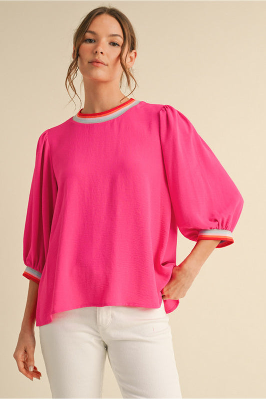 Hot Pink Top with Striped Ribbing at Neck and Sleeve