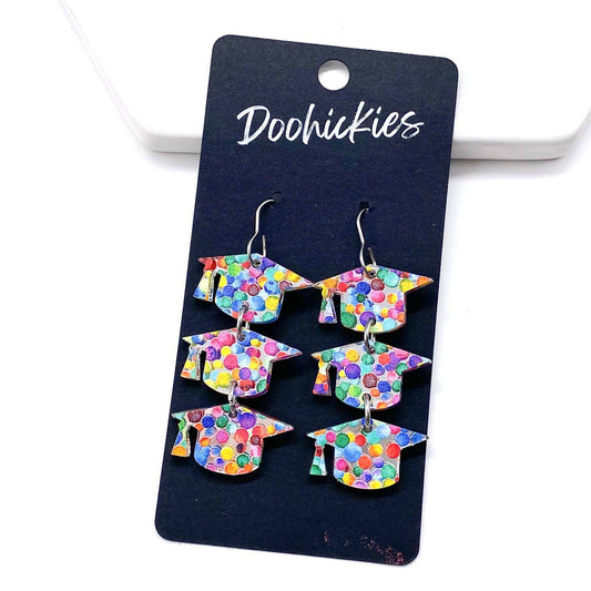 Doohickies - 2" Darling Grad Cap Dangle Drops- Graduation Earrings: Bright Dots