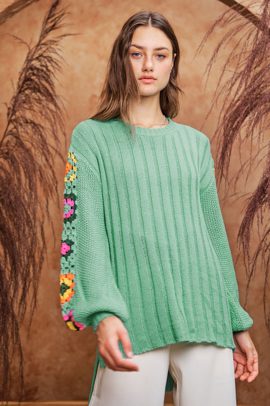 Sage Knitted Crochet Sleeve Sweater