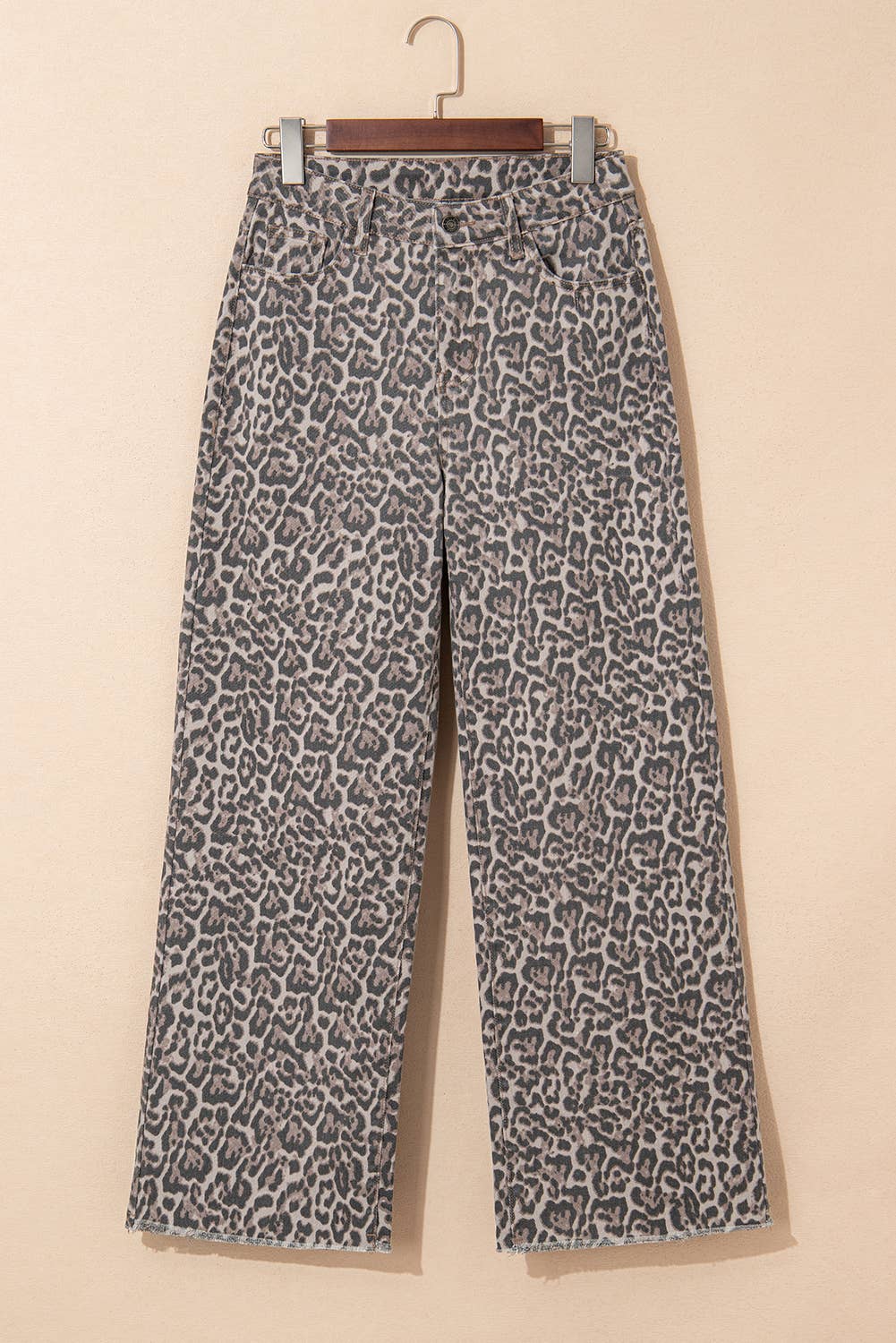 Gray Leopard Frayed Edge Wide Leg High Waist Jeans Size 6