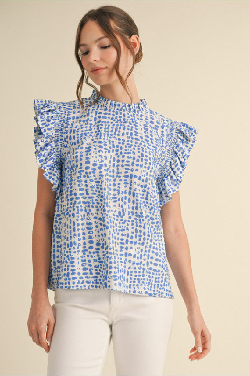Print Top Royal/White Frill Mock Neckline