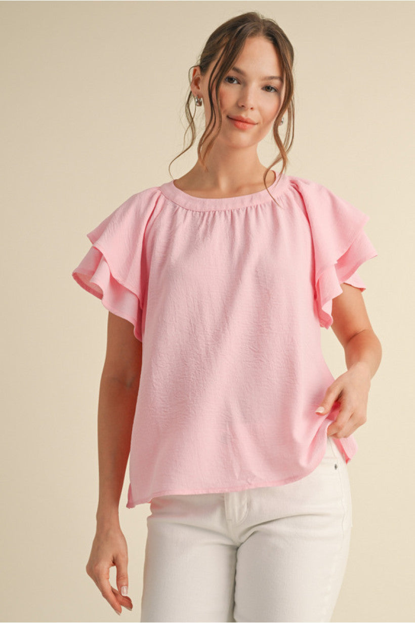 Pink Short Sleeve Ruffle Top