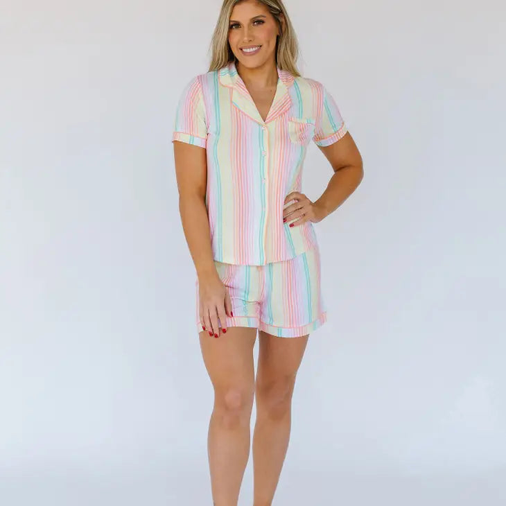 SUNSET STRIIPE MARY SQUARE PJ's   SHORT SLEEVE WITH DRAWSTRING SHORTS