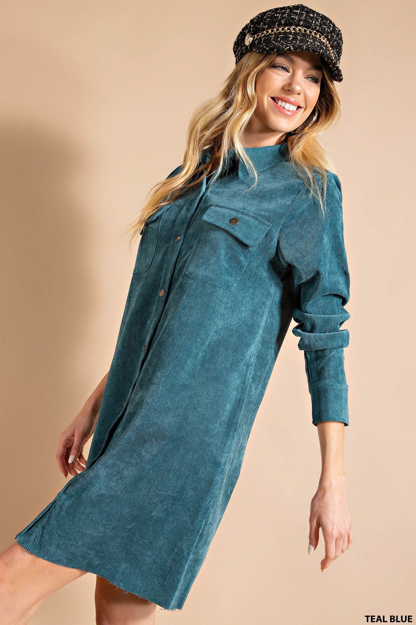 Corduroy Shirt Dress Teal Blue