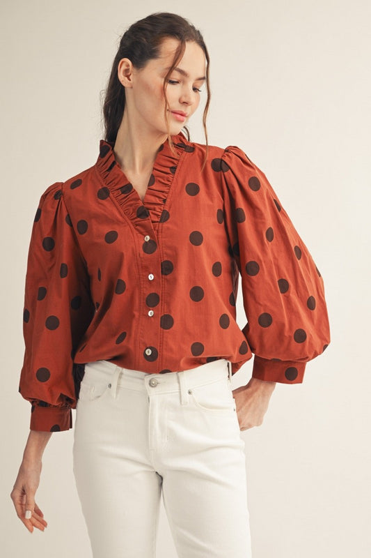Ruffled Neckline Button Down Polka Dot Top