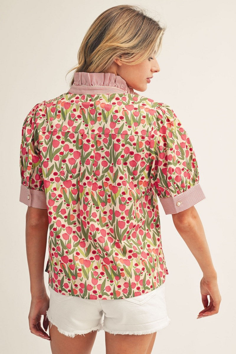 Stripe Contrast Detail Floral Top