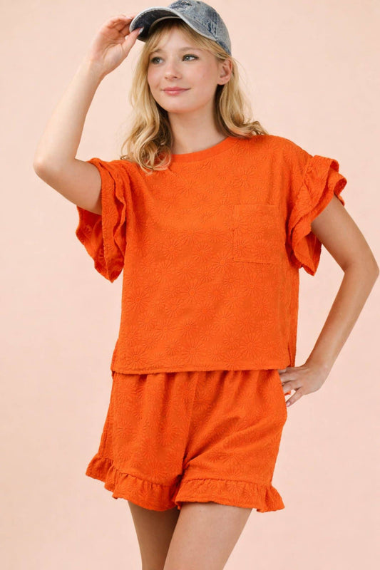 Orange Textured Shirt Shorts Set