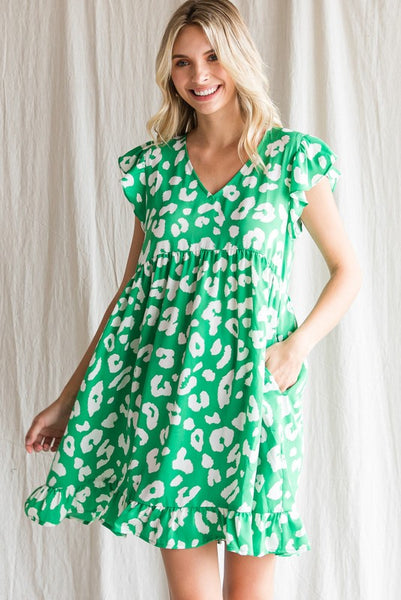 Green Print Ruffled Cap Shoulders Dress