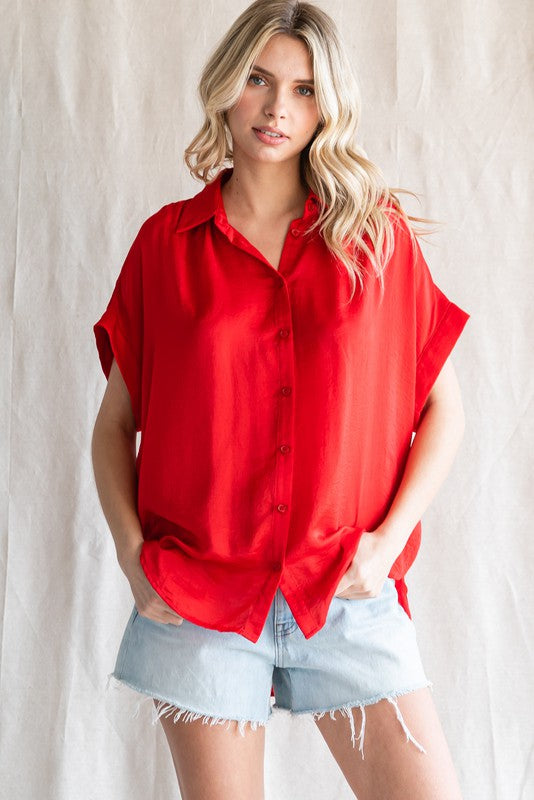 Red Solid Collared Button Up Top