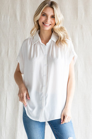 White Solid Collared Button Up Top