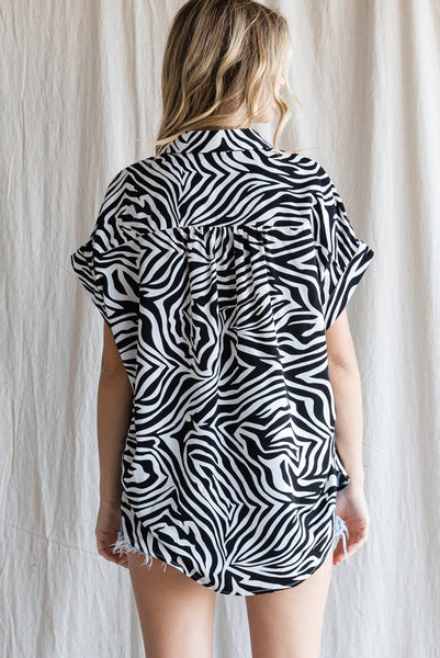Zebra Print Collared Button Up Top