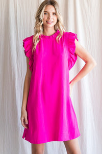 Curvy Hot Pink Ruffle Sleeve Dress