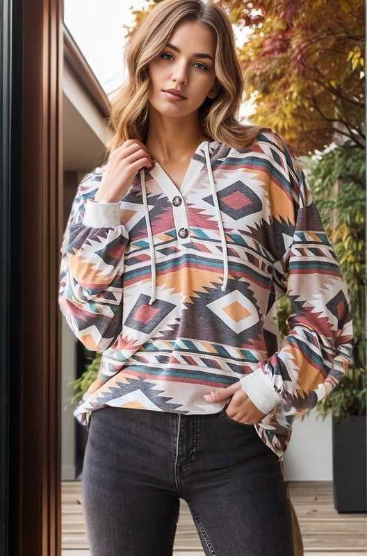 SOLID AND MULTI COLOR AZTEC HOODIE TOP