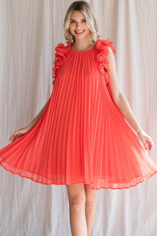 Pleated Dress w/Ruffle Sleeves