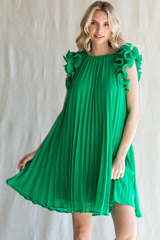 Pleated Dress w/Ruffle Sleeves