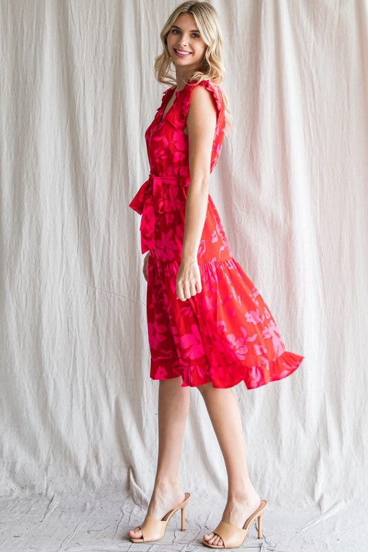 Red Flower Print Frilled Bolero Shoulder Dress