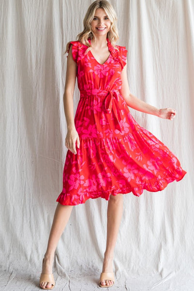 Red Flower Print Frilled Bolero Shoulder Dress