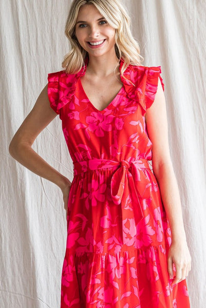 Red Flower Print Frilled Bolero Shoulder Dress