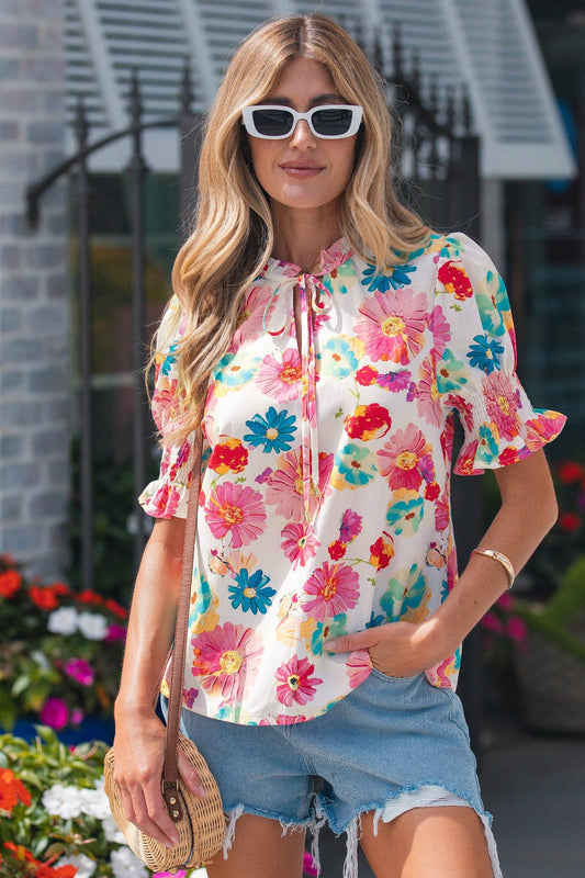 Beige Floral Tie Blouse