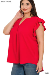 Red Ruffled Sleeve High/Low Top