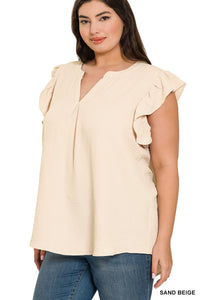 Sand Beige Ruffled Sleeve High/Low Top