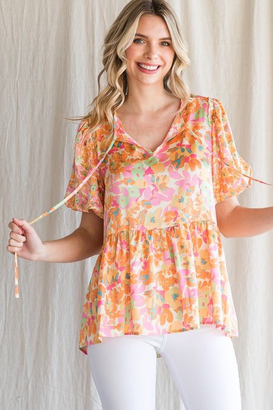 Floral Print Self-Tie Neck Top