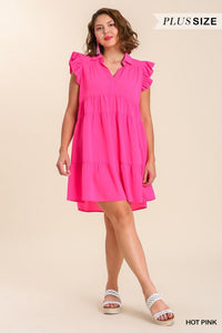 Tiered Short Dress with Flutter Sleeves & Collar No Lining
