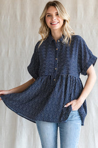 Navy Striped Collared Baby Doll Top