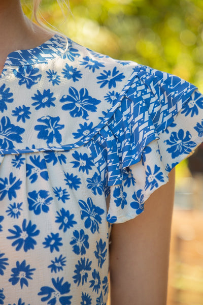 Blue Ruffle Sleeve Floral Print Dress