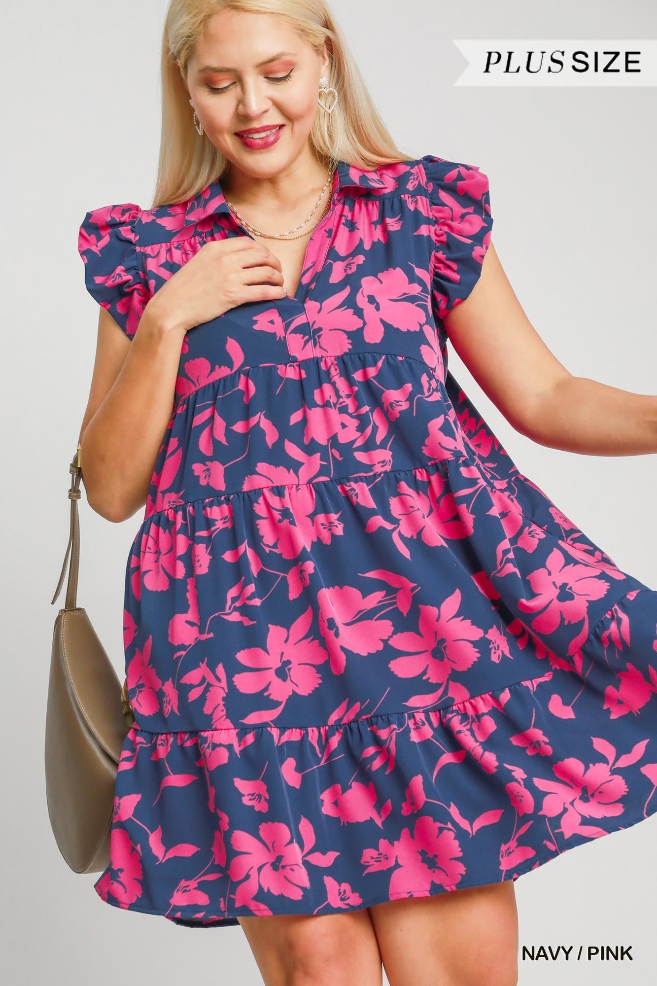 Flutter Sleeve Floral Dress Navy/Pink