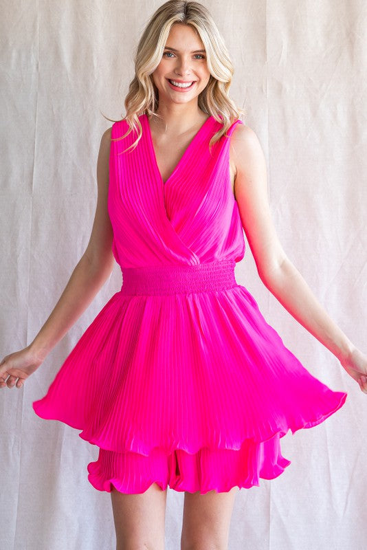 Pleated Sleeveless Romper Dress