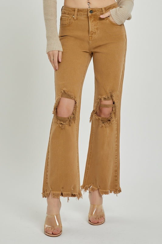 Risen Mocha High Rise Distressed Cropped Jeans