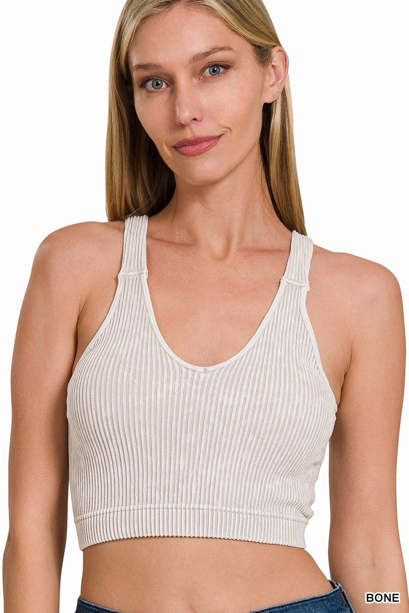 Washed Ribbed Cropped Bra Padded Tank Top