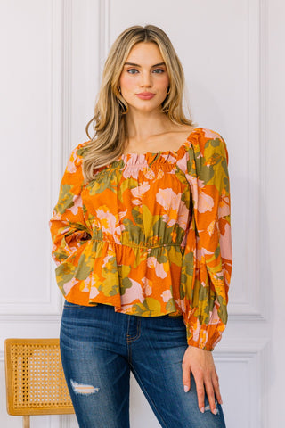 Square Ruched Neck Peplum Foral Top