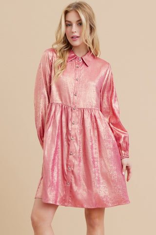 Hot Pink Metallic Button-up Baby Doll Dress