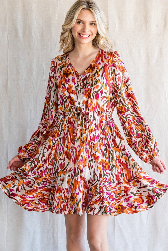 Print Button-up Drawstring Waist Dress Plus