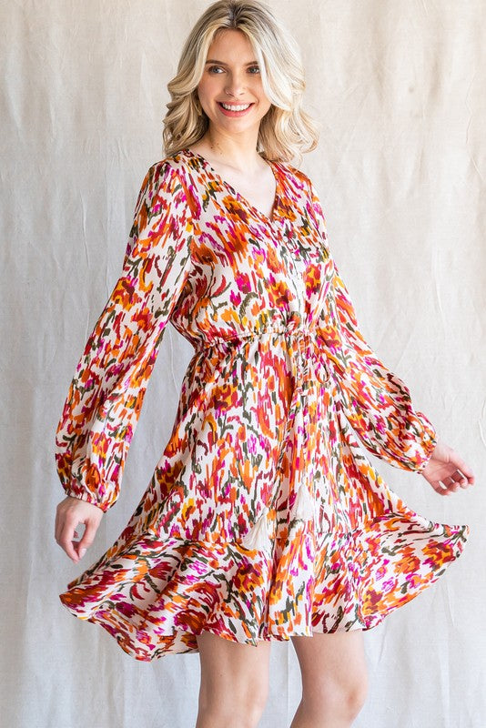 Print Button-up Drawstring Waist Dress Plus