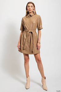 Taupe Leather Button Down Dress